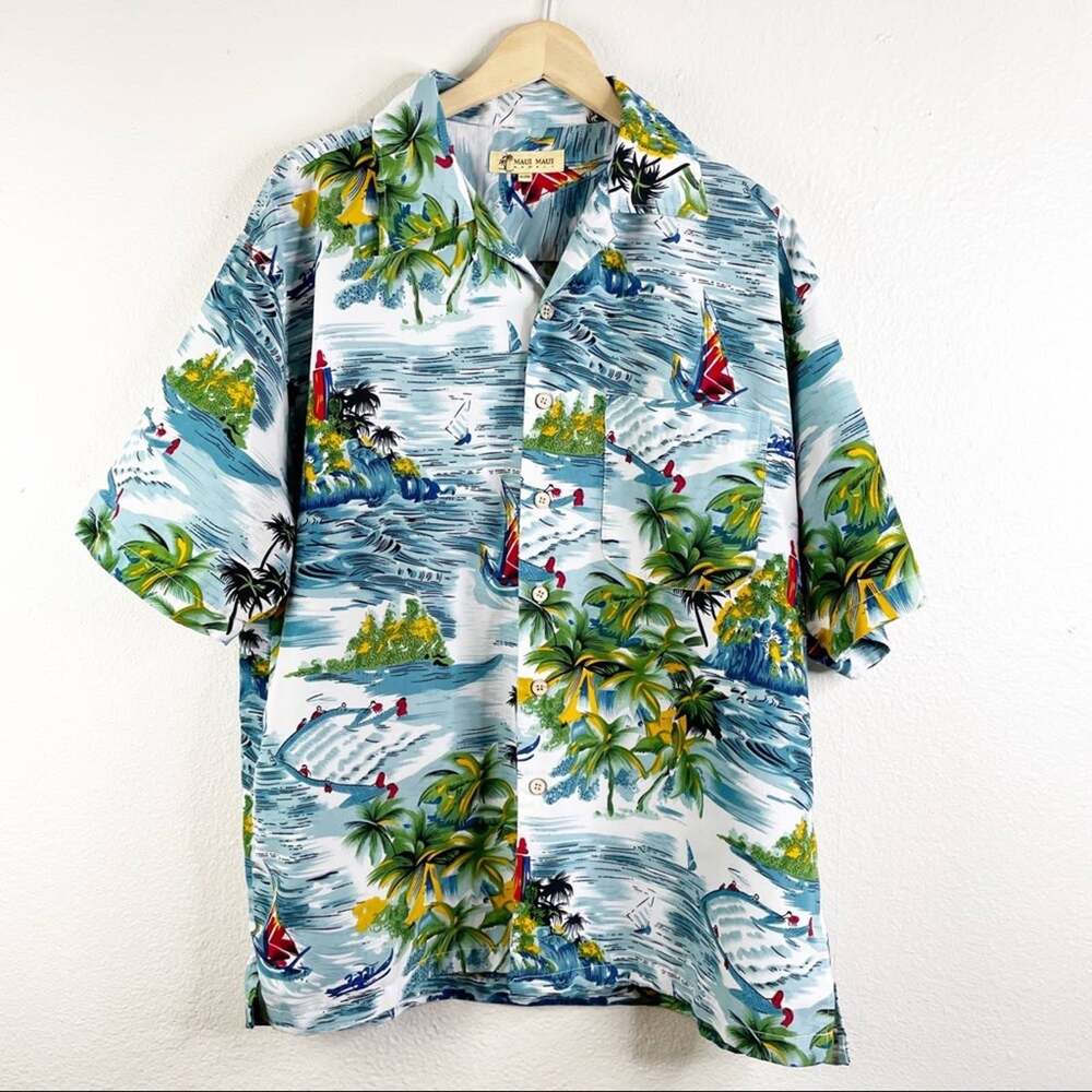Maui Hawaii Aloha Button Down‎ Palm Blue